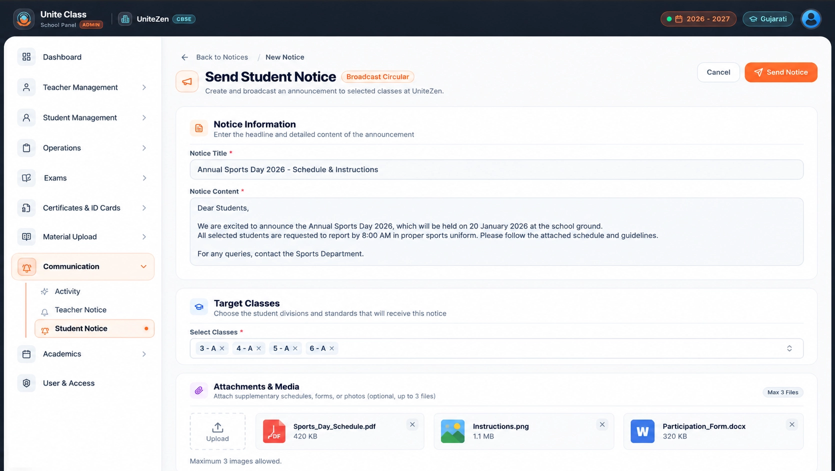 Unite Class Notices & Communication - School-wide broadcast announcements