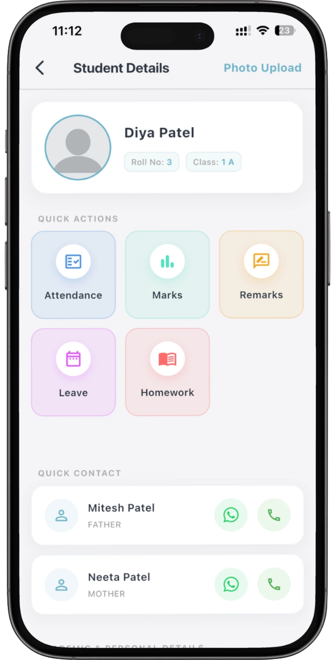 Student profile, attendance and performance records mockup