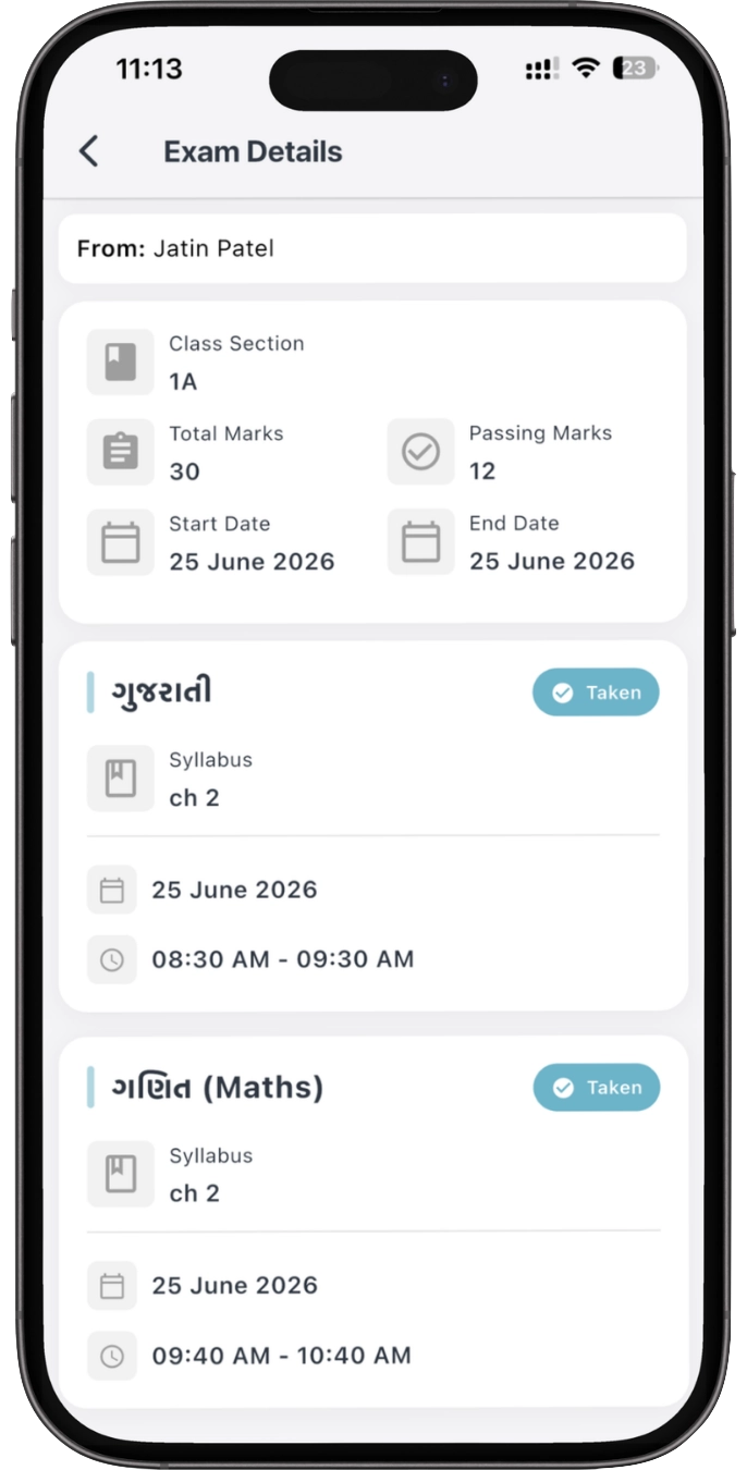 Exam timetable, upcoming unit tests, and syllabus details mockup