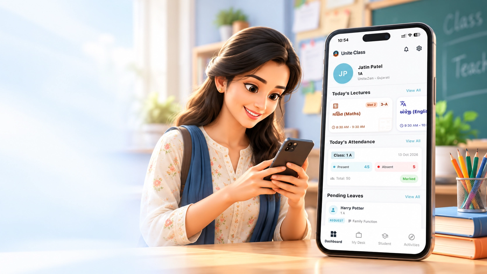 Teacher using Unite Class Teacher App
