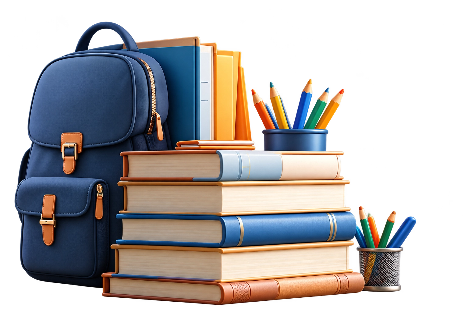 School books, pencil holder, and backpack