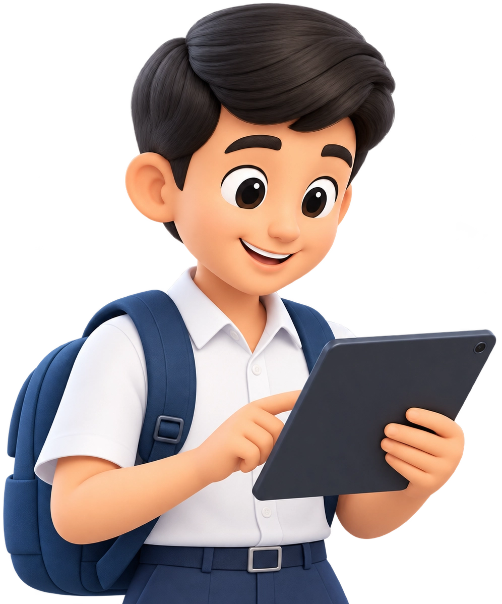 School student with backpack holding digital tablet