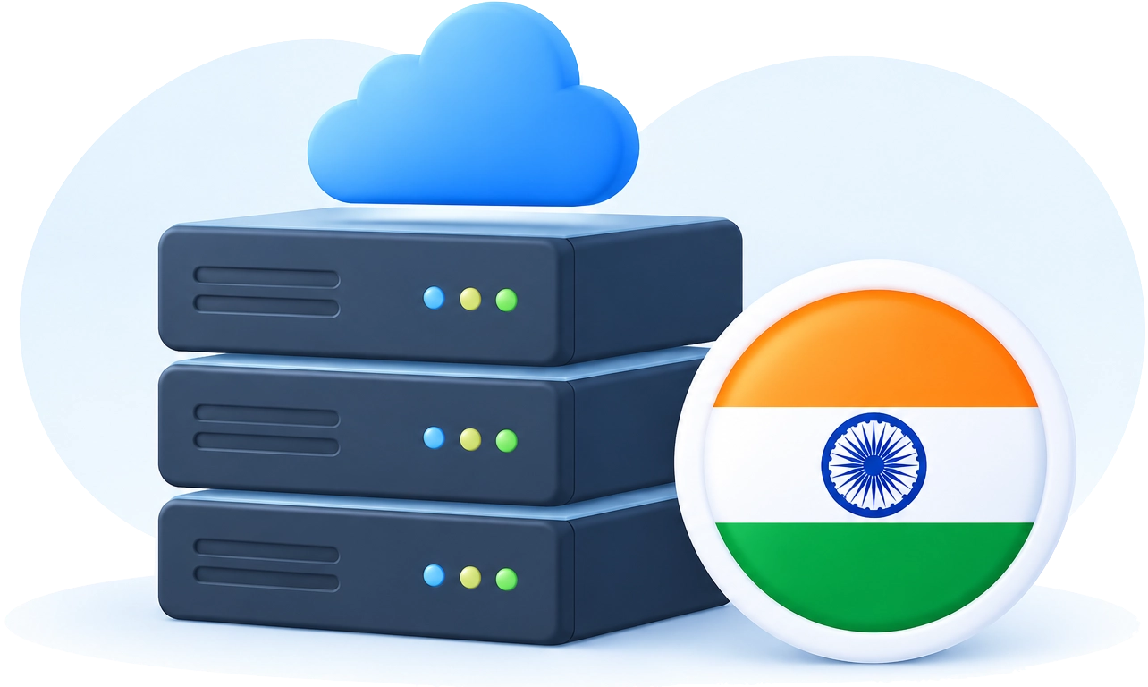 Cloud server rack physically hosted in India with Indian flag badge