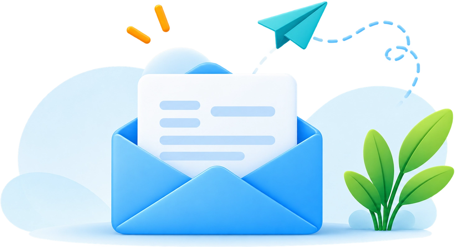 Unite Class Support - Open blue envelope with document, cyan paper airplane, and plant